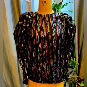 & Other Stories rainbow metallic cheetah woven shirt ruched sleeve, size 2, xs